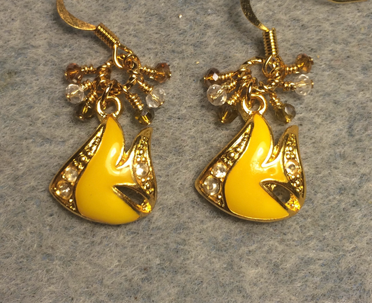 Vintage golden yellow enamel and rhinestone angelfish charm earrings adorned with small dangling topaz, gold, and amber Chinese crystal beads.