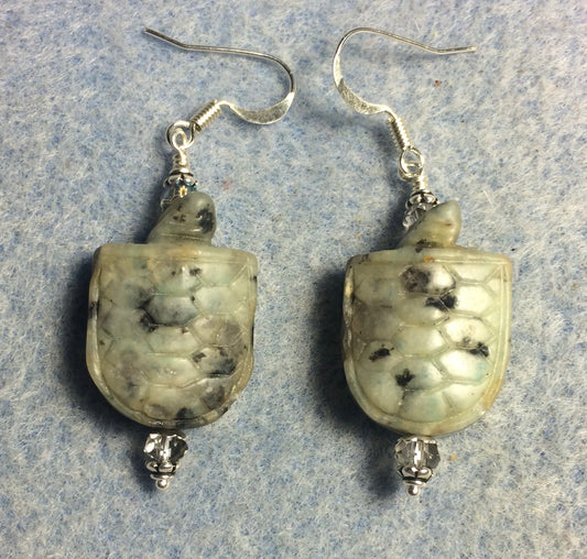 Gray spotted jasper gemstone turtle bead earrings adorned with gray Chinese crystal beads.