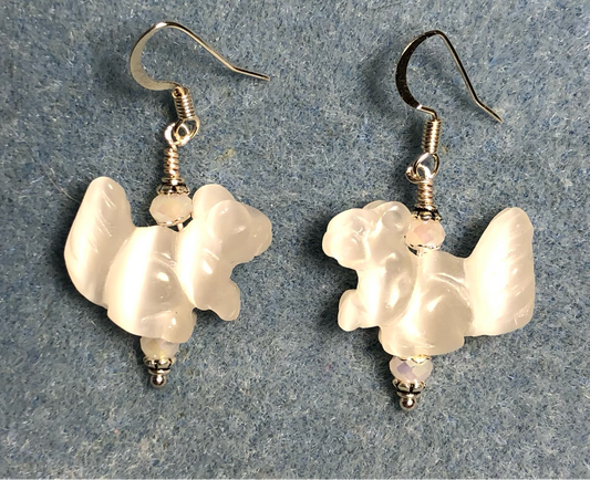 White fiber optic (cat’s eye) squirrel bead earrings adorned with white Chinese crystal beads.