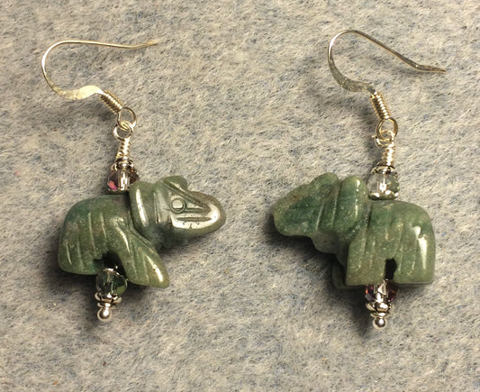 Green Indian agate gemstone elephant bead earrings adorned with green Chinese crystal beads.