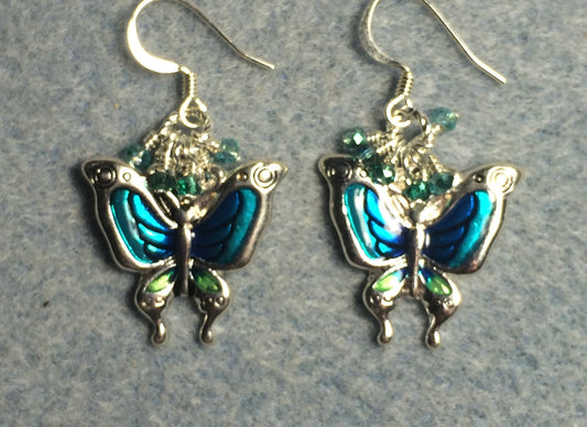 Turquoise, aqua, and silver enamel and rhinestone butterfly charm earrings adorned with tiny dangling turquoise, aqua and clear Chinese crystal beads.