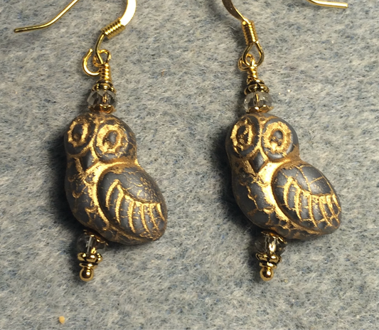 Gray (with gold wash) fancy Czech glass owl bead earrings adorned with gray Chinese crystal beads.