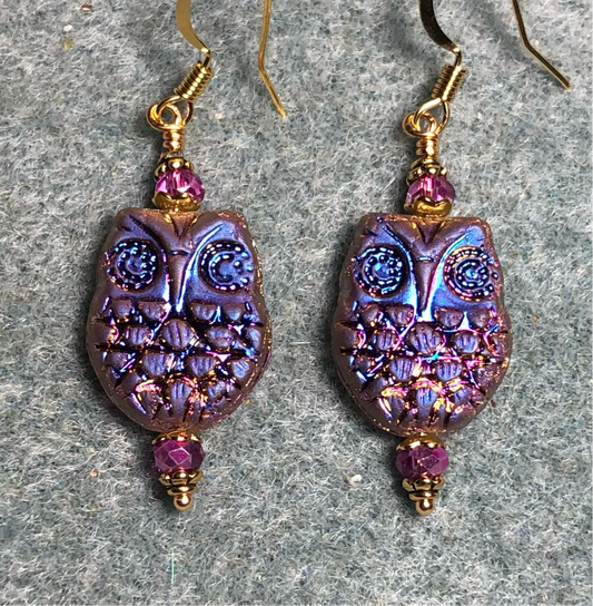 Iridescent pinkish purple Czech glass owl bead earrings adorned with metallic pink Chinese crystal beads.