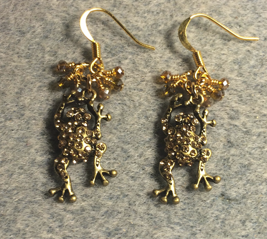 Vintage antique gold and topaz rhinestone frog charm earrings adorned with tiny dangling topaz Chinese crystal beads.