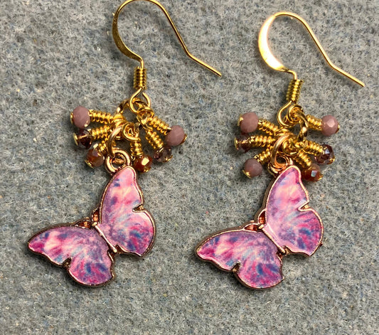 Lavender enamel butterfly charm earrings adorned with tiny dangling lavender Chinese crystal beads.