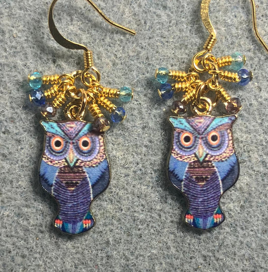 Dark blue, turquoise, and violet enamel owl charm earrings adorned with tiny dangling dark blue, turquoise, and violet Chinese crystal beads.