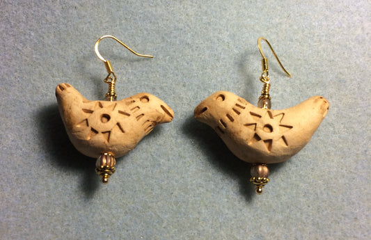Large tan ceramic songbird bead earrings adorned with tanCzech glass beads.