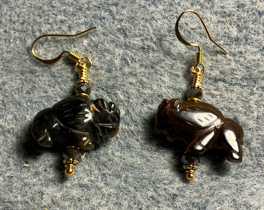 Brown tigereye gemstone buffalo bead earrings adorned with brown Chinese crystal beads.