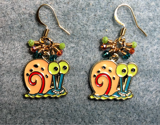 Orange, green, and turquoise enamel snail charm earrings adorned with tiny dangling orange, green, and turquoise Chinese crystal beads.