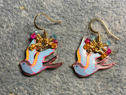 Light blue, tangerine, and pink enamel flying dove charm earrings adorned with tiny dangling light blue, tangerine, and pink Chinese crystal beads.