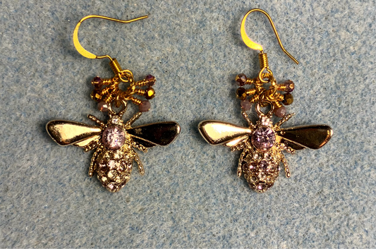 Violet and gold rhinestone honeybee charm earrings adorned with tiny dangling violet and gold Chinese crystal beads.