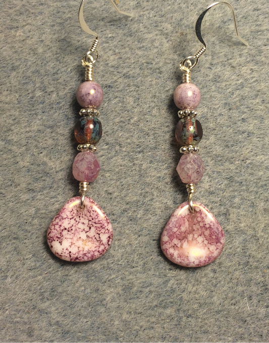 Light pink speckled Czech glass rose petal earrings adorned with pink Czech glass beads.