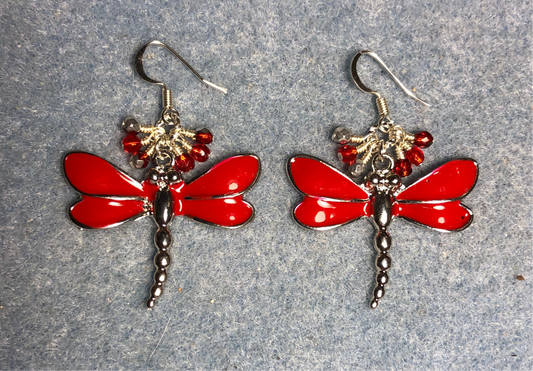 Large red and silver enamel dragonfly charm earrings adorned with tiny dangling red and silver Chinese crystal beads.