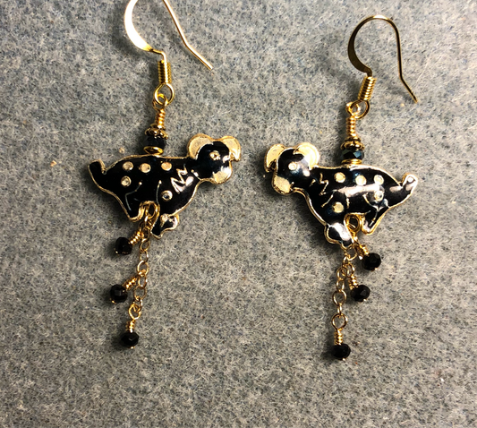 Black and white vintage cloisonné dog bead earrings adorned with gold chain and tiny black Chinese crystal beads.