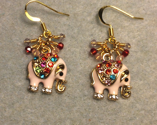 Light pink enamel and colorful rhinestone elephant charm earrings adorned with tiny dangling pink, red, and violet Chinese crystal beads.