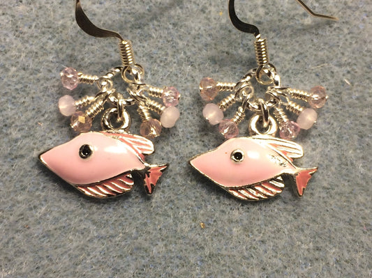 Light pink enamel fish charm earrings adorned with tiny dangling light pink Chinese crystal beads.
