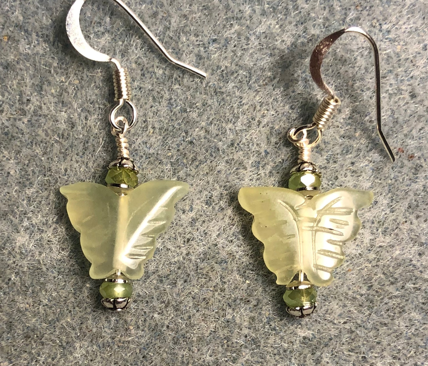 Small new green jade gemstone butterfly bead earrings adorned with green Chinese crystal beads.