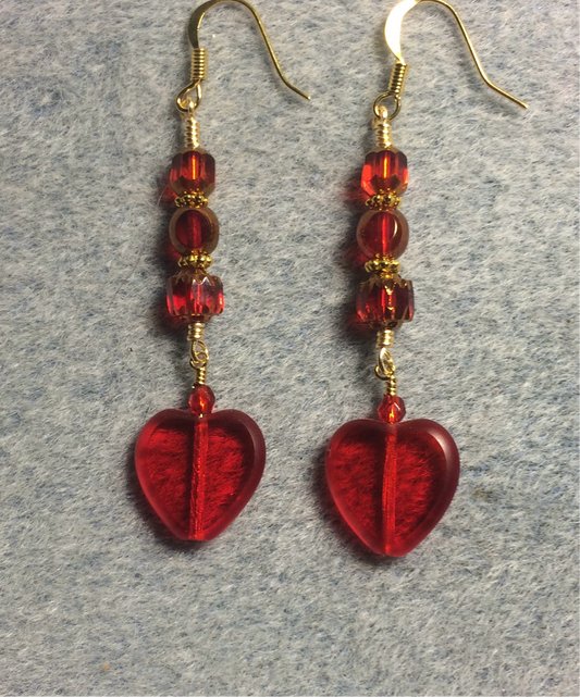 Translucent red Czech glass heart bead earrings adorned with bright red Czech glass beads.