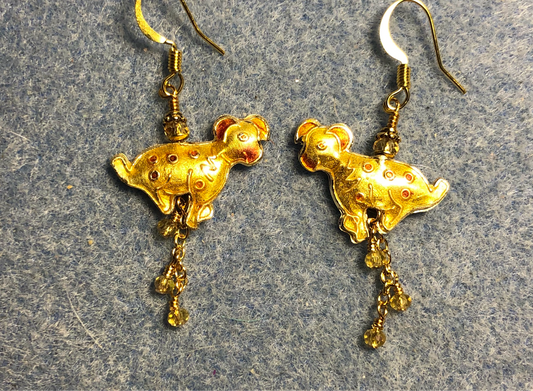 Amber and white vintage cloisonné dog bead earrings adorned with gold chain and tiny amber Chinese crystal beads.