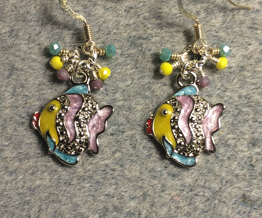 Violet, aqua, and yellow enamel and rhinestone angelfish charm earrings adorned with tiny dangling violet, aqua, and yellow Chinese crystal beads.