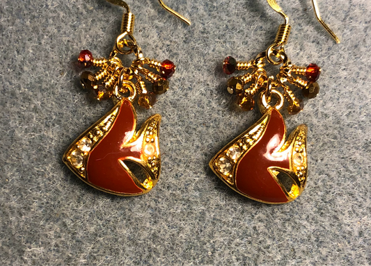Vintage dark orange enamel and rhinestone angelfish charm earrings adorned with small dangling dark orange, gold, and amber Chinese crystal beads.