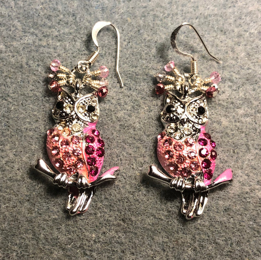 Gorgeous pink and silver rhinestone owl charm earrings adorned with tiny dangling pink and silver Chinese crystal beads.