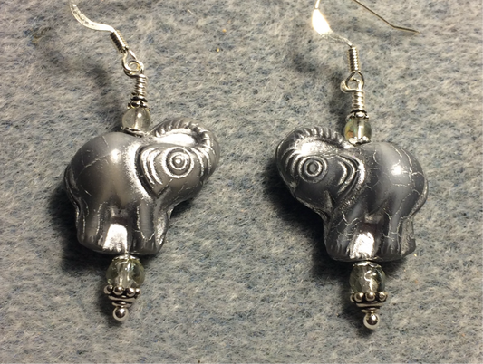 Gray (with silver inlay) Czech glass elephant bead earrings adorned with gray Czech glass beads.