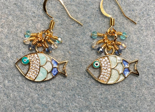Blue, turquoise, and clear enamel fish charm earrings adorned with tiny dangling blue, turquoise, and clear Chinese crystal beads.