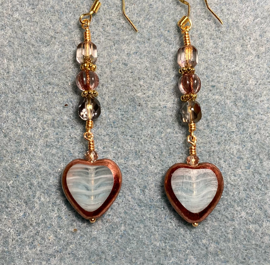 Gray and copper Czech glass heart bead earrings adorned with gray and copper Czech glass beads.