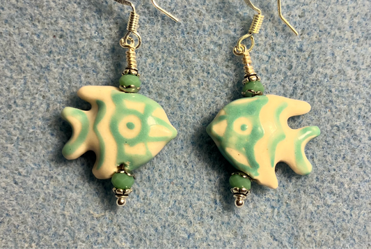 Turquoise and white ceramic angelfish bead earrings adorned with turquoise Chinese crystal beads.