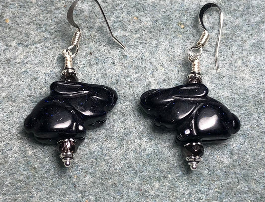 Blue goldstone gemstone rabbit bead earrings adorned with purple Chinese crystal beads.