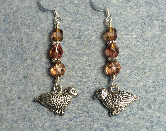 Silver partridge charm earrings adorned with rose Czech glass beads