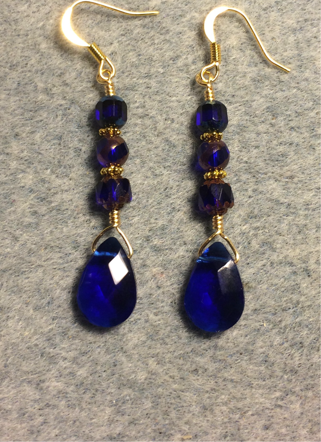 Cobalt blue Czech glass briolette bead earrings adorned with cobalt blue Czech glass beads.