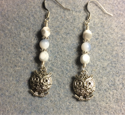 Silver owl charm earrings adorned with white and gray Czech glass beads