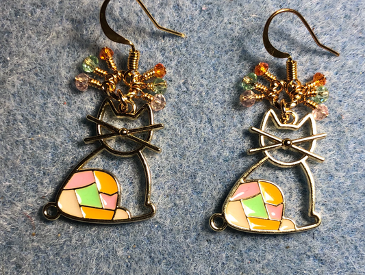 Gold, orange, green, and pink enamel cat charm earrings adorned with tiny dangling orange, green, and pink Chinese crystal beads.