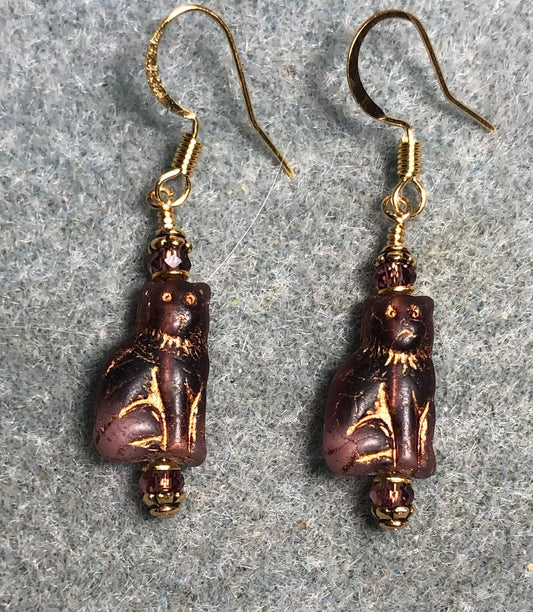 Small purple and gold Czech glass cat bead earrings adorned with purple Chinese crystal beads.