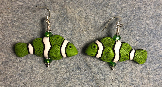 Green and white ceramic striped clownfish bead earrings adorned with olive green Chinese crystal beads.