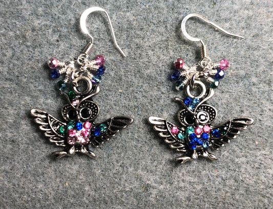 Blue, pink, and turquoise  rhinestone owl charm earrings adorned with tiny dangling blue, pink, and turquoise Chinese crystal beads.