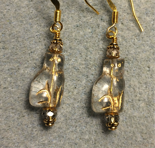 Small clear (with gold inlay) Czech glass cat bead earrings adorned with clear Chinese crystal beads.