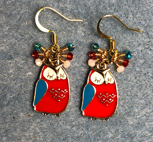 Red, turquoise, and white enamel sleepy owl charm earrings adorned with tiny dangling red, turquoise, and white Chinese crystal beads.