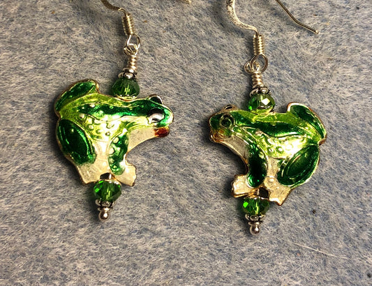 Green cloisonné frog bead earrings adorned with green Chinese crystal beads.