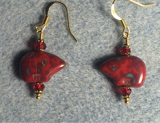 Red Picasso Czech glass bear bead earrings adorned with dark red Chinese crystal beads.