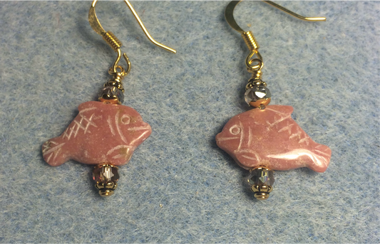 Small pink rhodonite gemstone fish bead earrings adorned with sparkly pink Chinese crystal beads.