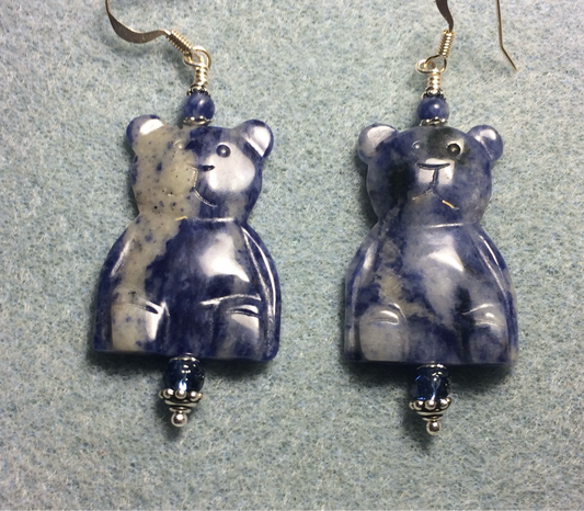 Large blue sodalite gemstone cat bead earrings adorned with blue Czech glass beads.