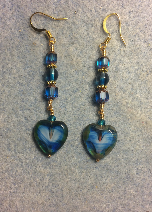 Blue green Picasso Czech glass heart bead earrings adorned with blue green Czech glass beads.