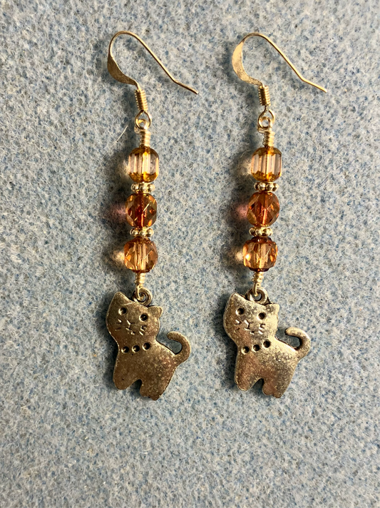 Silver cat charm earrings adorned with rose Czech glass beads