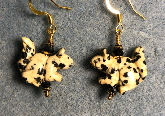 Dalmatian jasper gemstone squirrel bead earrings adorned with black Chinese crystal beads.