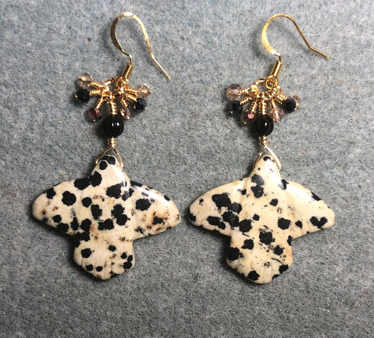 Large dalmatian jasper gemstone flying eagle bead earrings adorned with tiny dangling beige and black Chinese crystal beads.