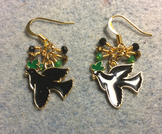 Black, green, and gold enamel dove charm earrings adorned with tiny dangling black, green, and gold Chinese crystal beads.