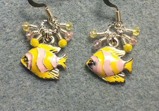 Yellow and pink enamel striped fish charm earrings adorned with tiny dangling yellow and pink Chinese crystal beads.